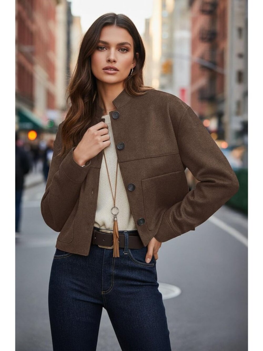 Women's Coffee Chic Faux Suede Oversized Button-Down Cropped Motorcycle Jacket - Picture 2 of 5